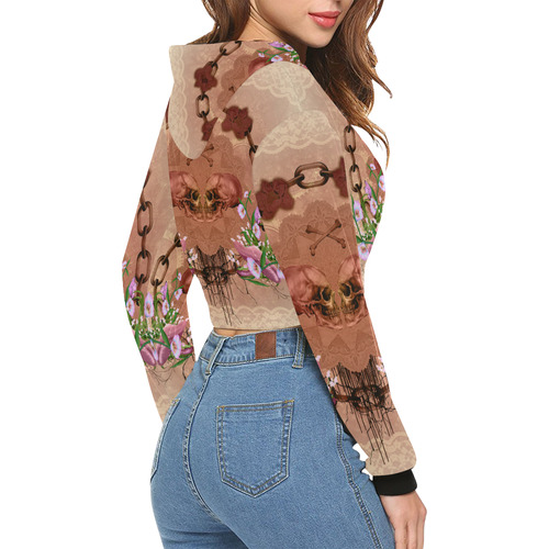 Awesome skulls with flowres All Over Print Crop Hoodie for Women (Model H22)
