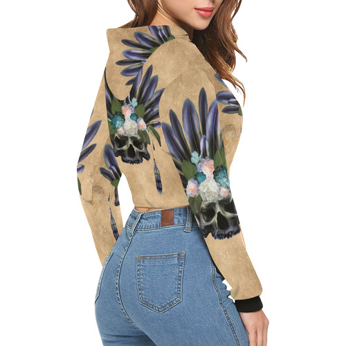 Cool skull with feathers and flowers All Over Print Crop Hoodie for Women (Model H22)