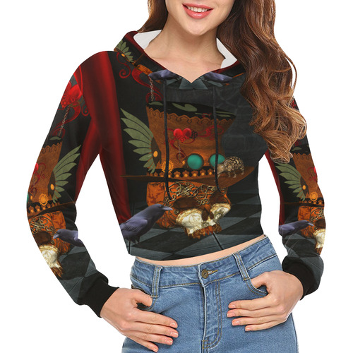 Steampunk skull with rat and hat All Over Print Crop Hoodie for Women (Model H22)