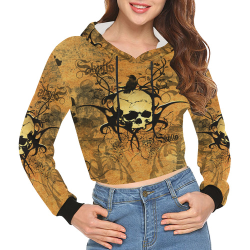 Awesome skull with tribal All Over Print Crop Hoodie for Women (Model H22)