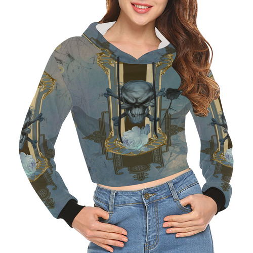 The blue skull with crow All Over Print Crop Hoodie for Women (Model H22)