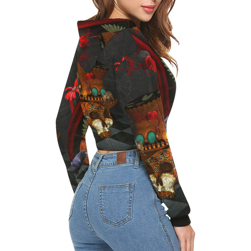 Steampunk skull with rat and hat All Over Print Crop Hoodie for Women (Model H22)