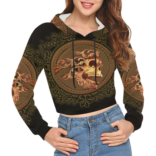 Amazing skull with floral elements All Over Print Crop Hoodie for Women (Model H22)