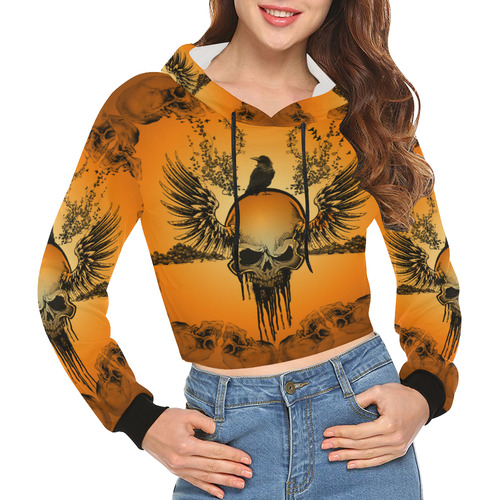 Amazing skull with crow All Over Print Crop Hoodie for Women (Model H22)