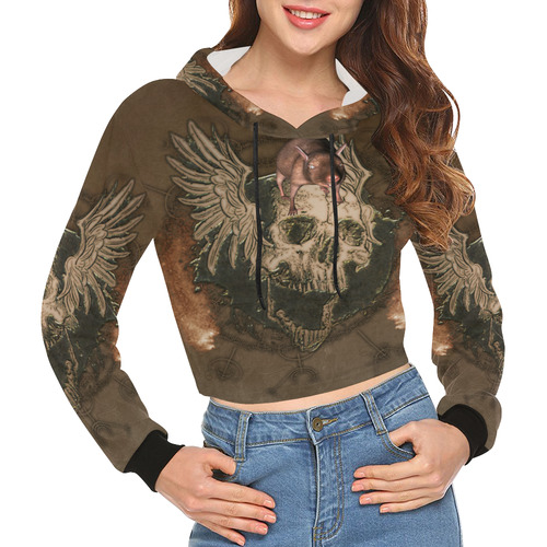 Awesome skull with rat All Over Print Crop Hoodie for Women (Model H22)