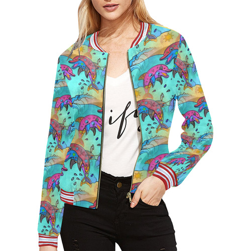 Dolphin Popart by Nico Bielow All Over Print Bomber Jacket for Women (Model H21)