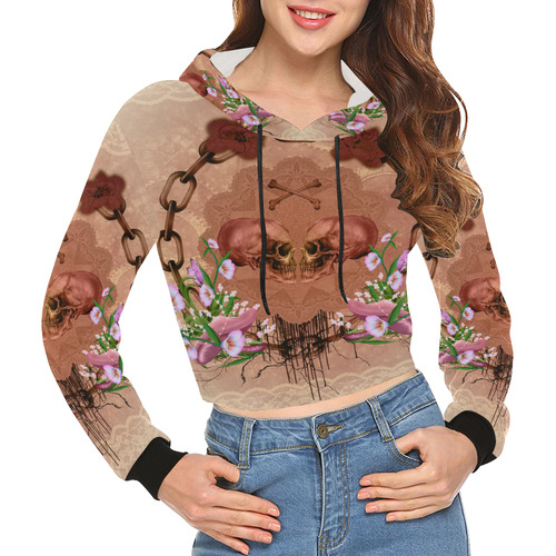 Awesome skulls with flowres All Over Print Crop Hoodie for Women (Model H22)