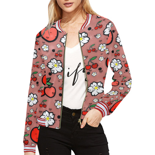Cherry Popart by Nico Bielow All Over Print Bomber Jacket for Women (Model H21)