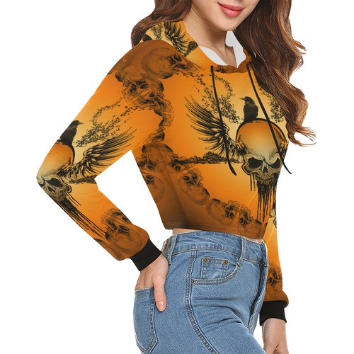 Amazing skull with crow All Over Print Crop Hoodie for Women (Model H22)