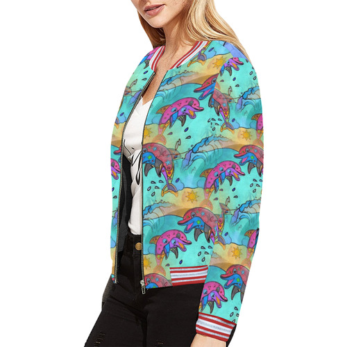 Dolphin Popart by Nico Bielow All Over Print Bomber Jacket for Women (Model H21)