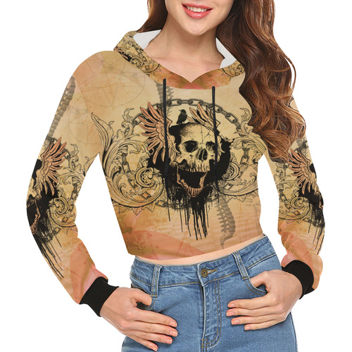 Amazing skull with wings All Over Print Crop Hoodie for Women (Model H22)