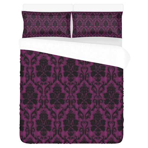 Gothic Victorian Black'n Purple Pattern 3-Piece Bedding Set