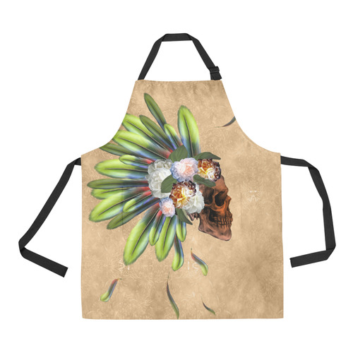 Amazing skull with feathers and flowers All Over Print Apron
