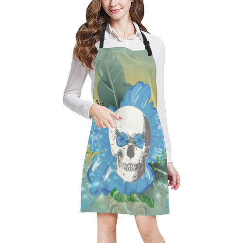 Funny skull with blue flowers All Over Print Apron