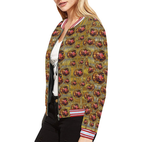 Angels in gold and flowers of paradise rocks All Over Print Bomber Jacket for Women (Model H21)
