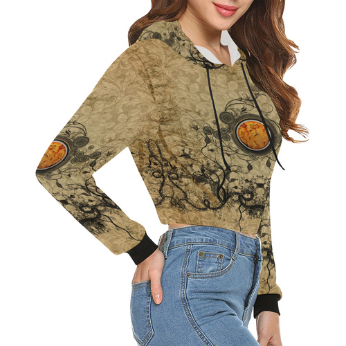 Black flowers All Over Print Crop Hoodie for Women (Model H22)