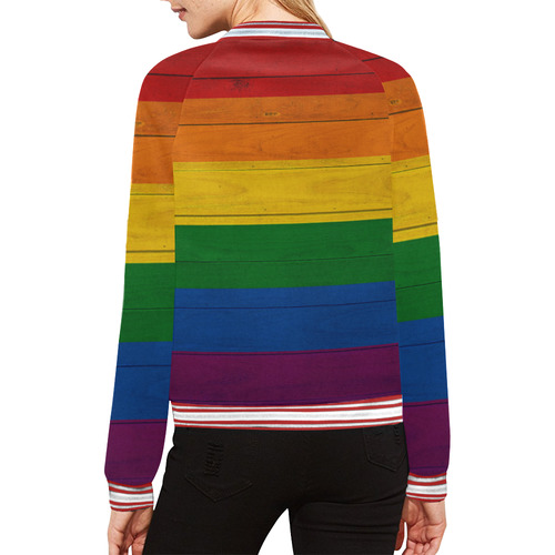 Rainbow Flag Colored Stripes Wood All Over Print Bomber Jacket for Women (Model H21)