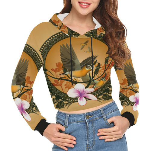 Birds with flowers All Over Print Crop Hoodie for Women (Model H22)