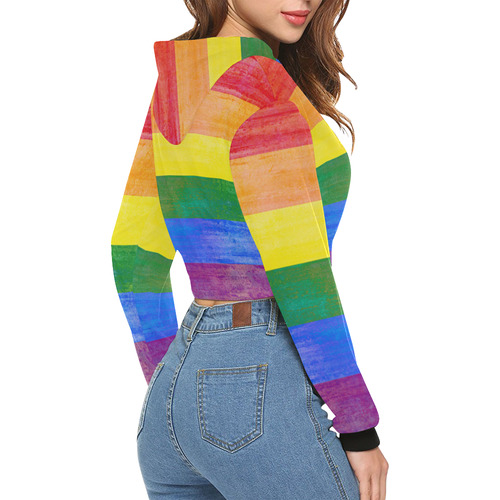 Rainbow Flag Colored Stripes Grunge All Over Print Crop Hoodie for Women (Model H22)