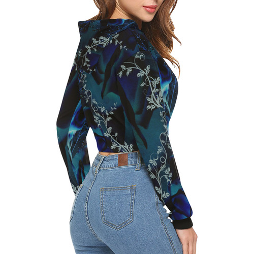 Floral design, blue colors All Over Print Crop Hoodie for Women (Model H22)