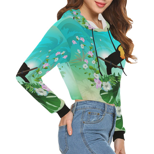 Cute toucan with flowers All Over Print Crop Hoodie for Women (Model H22)