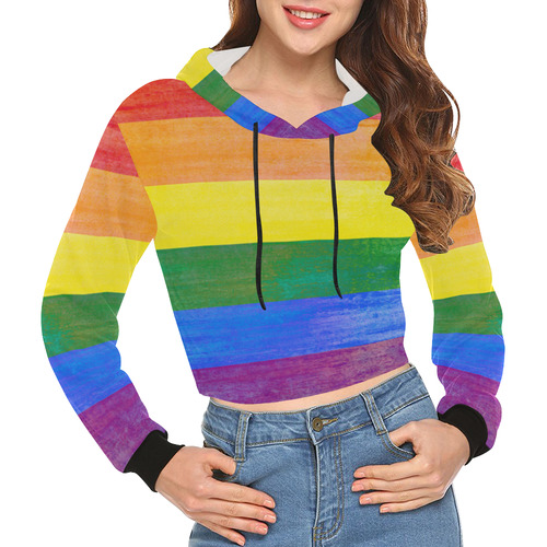Rainbow Flag Colored Stripes Grunge All Over Print Crop Hoodie for Women (Model H22)
