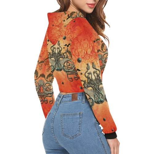 Floral design on red background All Over Print Crop Hoodie for Women (Model H22)