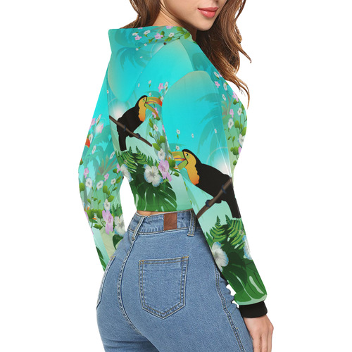 Cute toucan with flowers All Over Print Crop Hoodie for Women (Model H22)