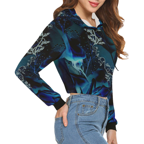 Floral design, blue colors All Over Print Crop Hoodie for Women (Model H22)