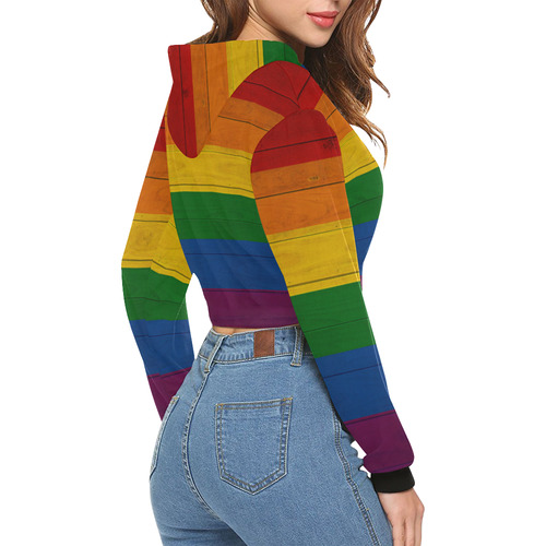 Rainbow Flag Colored Stripes Wood All Over Print Crop Hoodie for Women (Model H22)