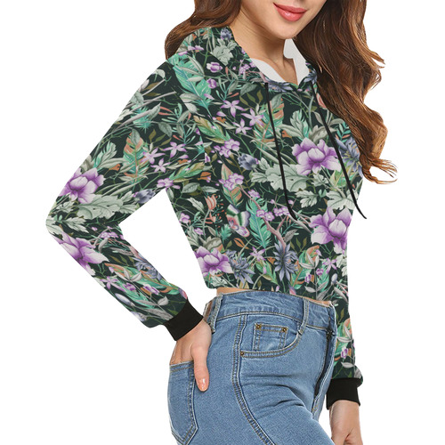 Tropical Flowers Butterflies Feathers Walpaper 2 All Over Print Crop Hoodie for Women (Model H22)