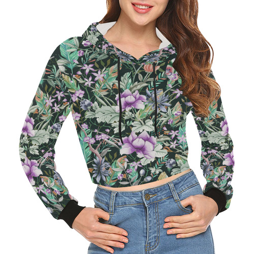 Tropical Flowers Butterflies Feathers Walpaper 2 All Over Print Crop Hoodie for Women (Model H22)