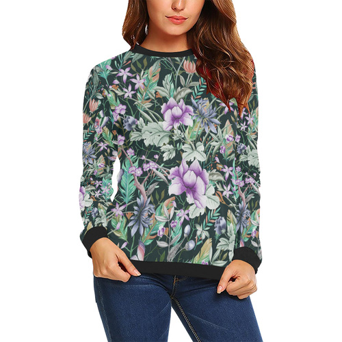 Tropical Flowers Butterflies Feathers Walpaper 2 All Over Print Crewneck Sweatshirt for Women (Model H18)