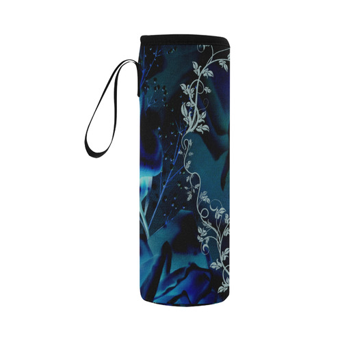 Floral design, blue colors Neoprene Water Bottle Pouch/Large