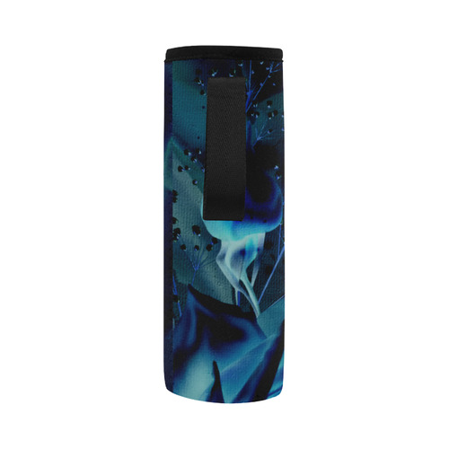 Floral design, blue colors Neoprene Water Bottle Pouch/Large