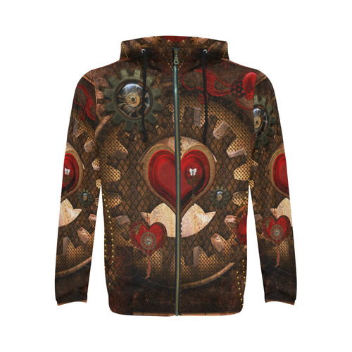 Steampunk, awesome herats with clocks and gears All Over Print Full Zip Hoodie for Men/Large Size (Model H14)