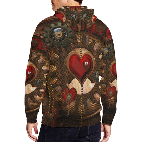 Steampunk, awesome herats with clocks and gears All Over Print Full Zip Hoodie for Men/Large Size (Model H14)