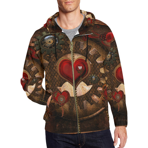 Steampunk, awesome herats with clocks and gears All Over Print Full Zip Hoodie for Men/Large Size (Model H14)