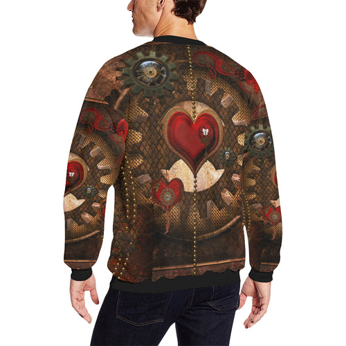 Steampunk, awesome herats with clocks and gears Men's Oversized Fleece Crew Sweatshirt (Model H18)