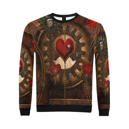 Steampunk, awesome herats with clocks and gears All Over Print Crewneck Sweatshirt for Men/Large (Model H18)