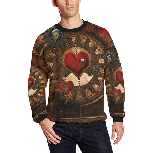 Steampunk, awesome herats with clocks and gears Men's Oversized Fleece Crew Sweatshirt (Model H18)