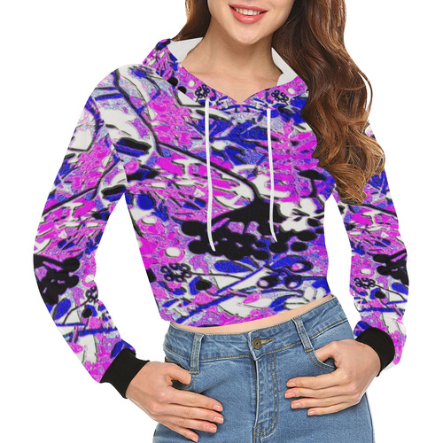 wacky retro floral abstract purple and blue All Over Print Crop Hoodie for Women (Model H22)