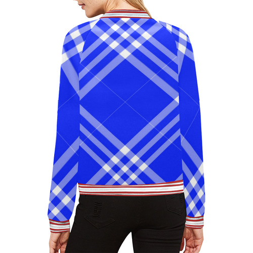 Blue and White Tartan Plaid All Over Print Bomber Jacket for Women (Model H21)