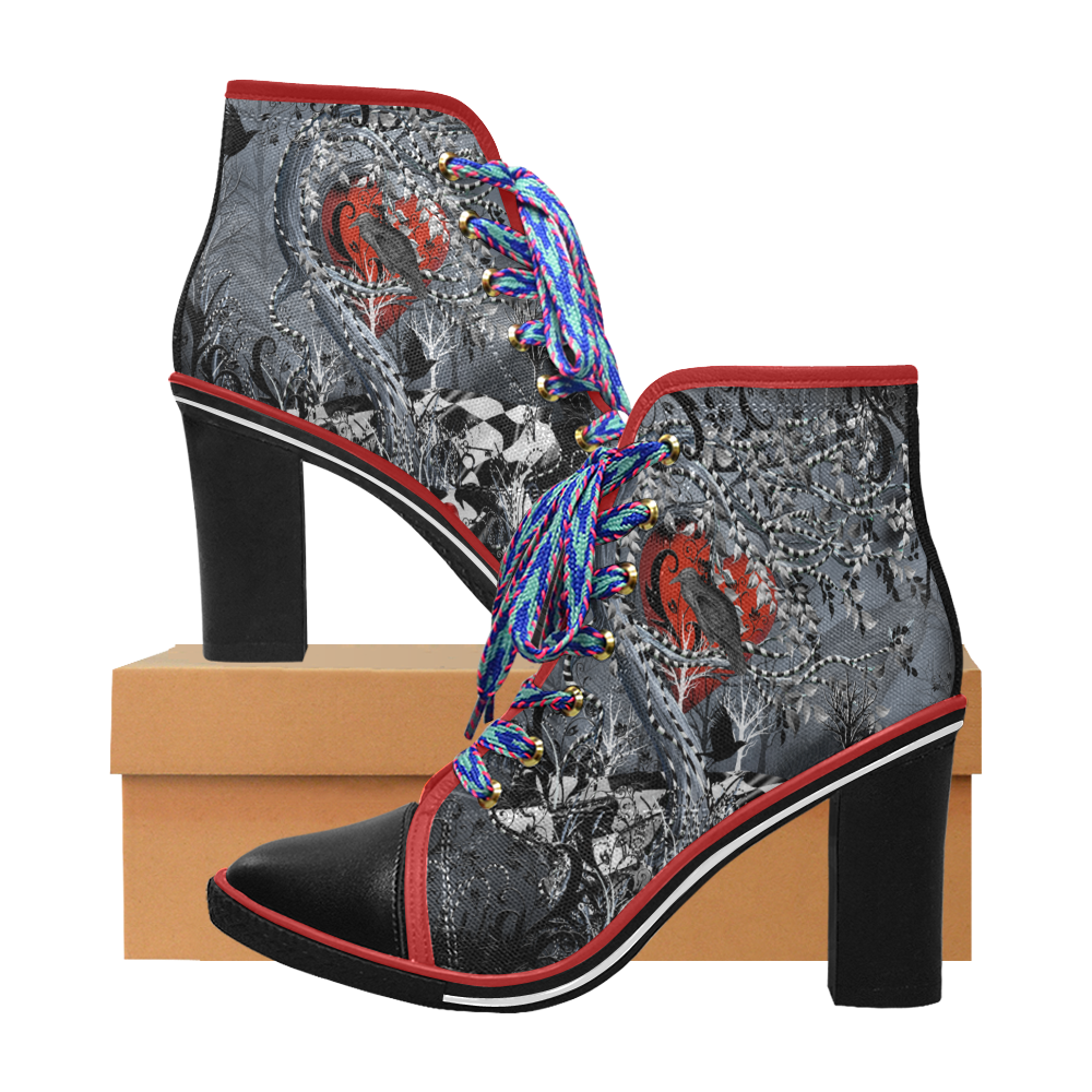 Print Sexy Ankle Boots Raven Goth Print Womens Lace Up