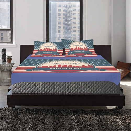 Retro Kansas City Missouri Skyline 3-Piece Bedding Set