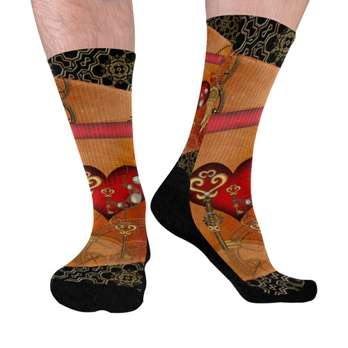 Steampunk, wonderful heart with wings Mid-Calf Socks (Black Sole)