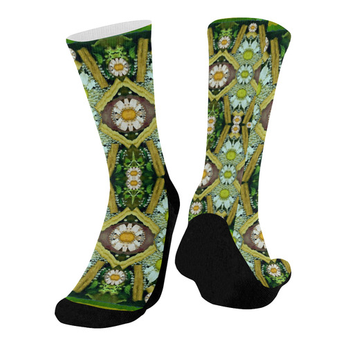 Bread sticks and fantasy flowers in a rainbow Mid-Calf Socks (Black Sole)