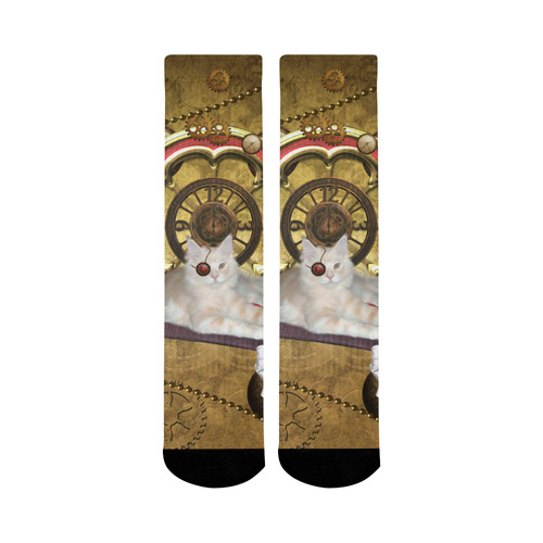 Steampunk, awseome cat clacks and gears Mid-Calf Socks (Black Sole)