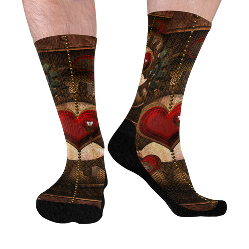 Steampunk, awesome herats with clocks and gears Mid-Calf Socks (Black Sole)