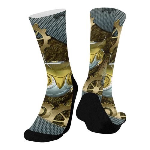 Steampunk, mechanical owl Mid-Calf Socks (Black Sole)